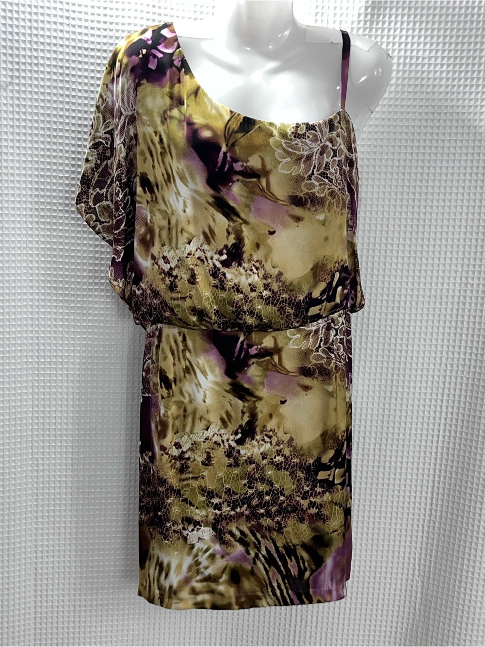 Jessica Howard One-Shoulder Abstract Floral Dress in Olive & Purple size 16 NWT